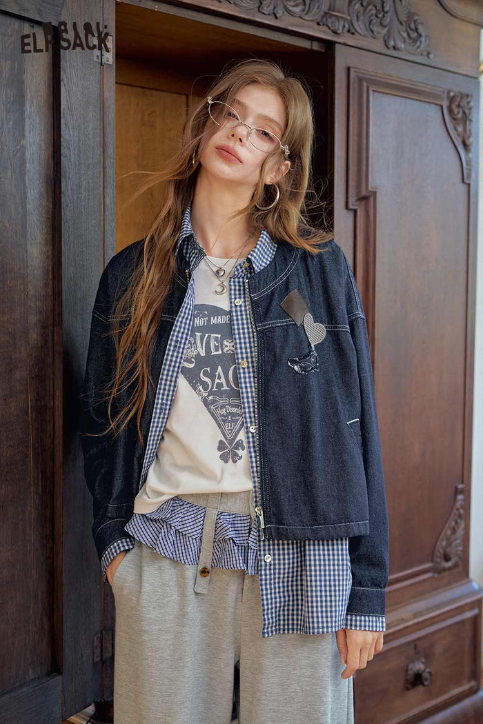 Fake Two-Piece Badge Plaid Trim Jacket