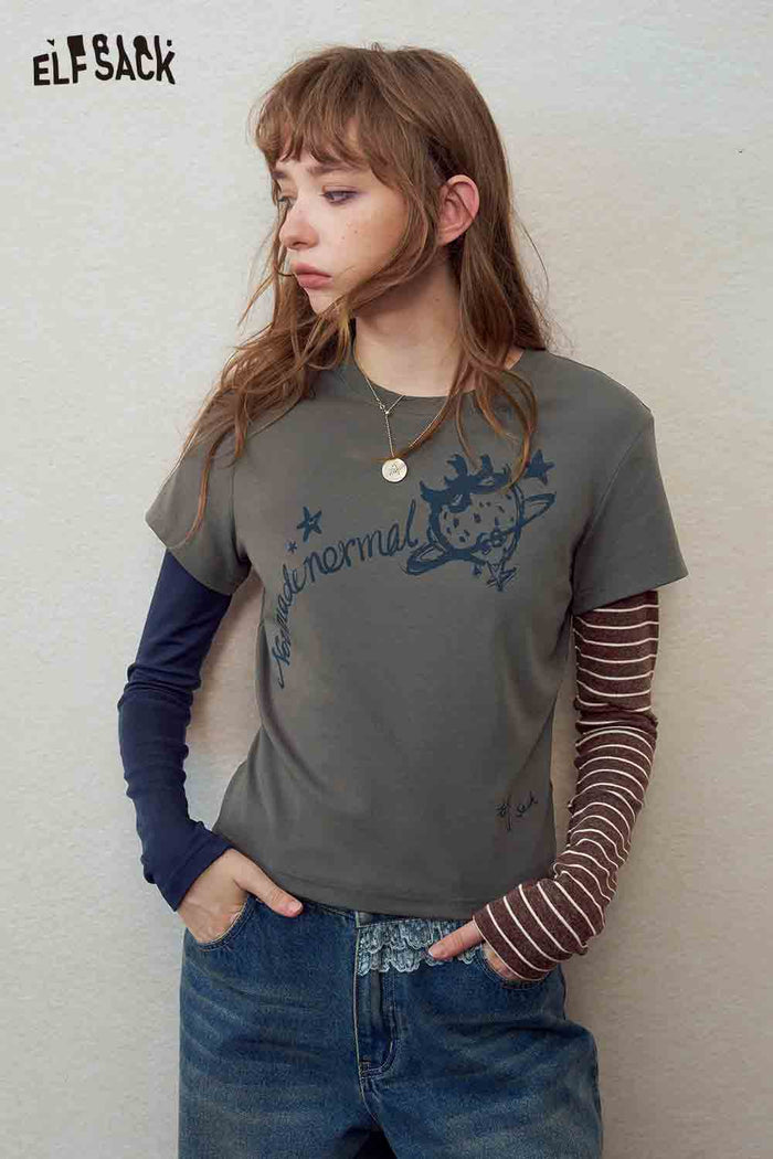Fake Two-Piece Cartoon Graphic Tee