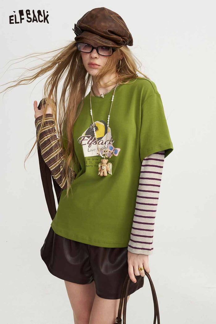 Fake Two Piece Cat Graphic Striped Long Sleeve Tee