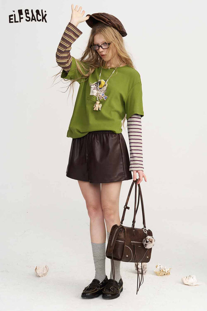Fake Two Piece Cat Graphic Striped Long Sleeve Tee