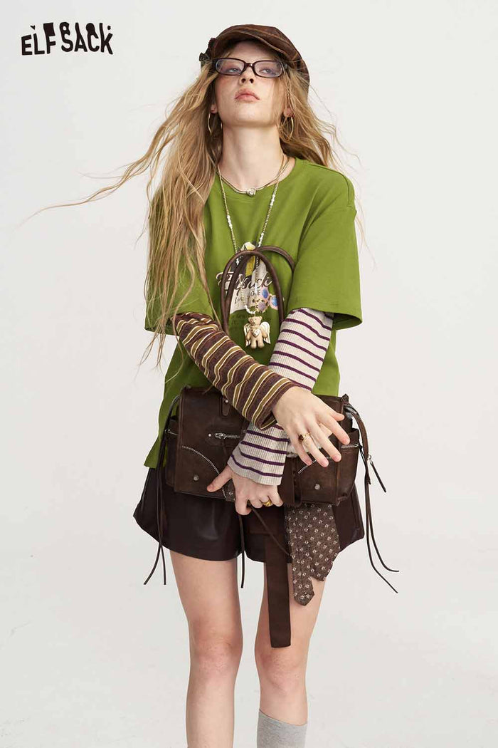 Fake Two Piece Cat Graphic Striped Long Sleeve Tee