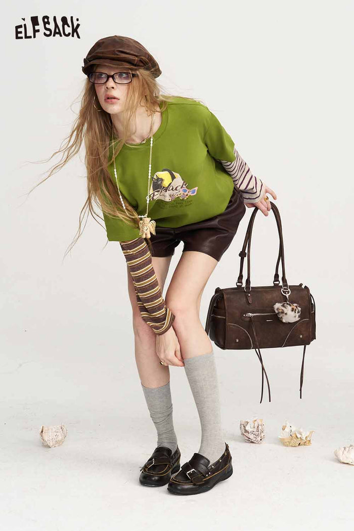 Fake Two Piece Cat Graphic Striped Long Sleeve Tee