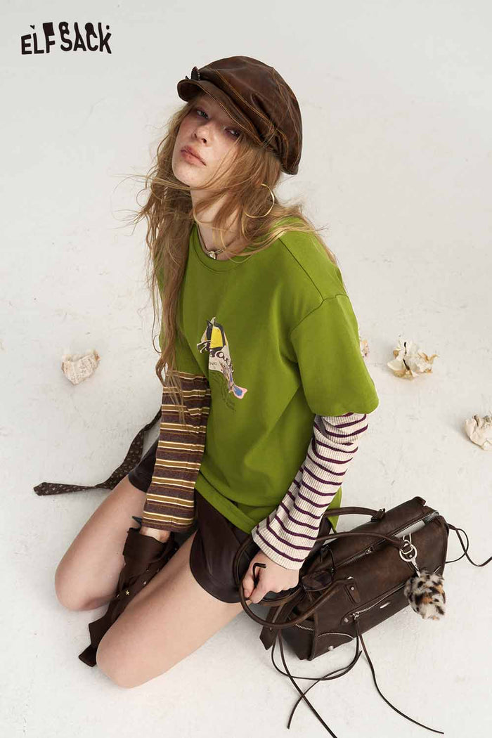 Fake Two Piece Cat Graphic Striped Long Sleeve Tee