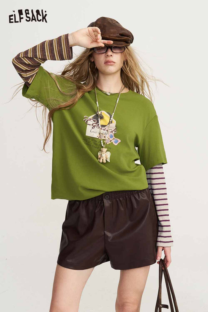 Fake Two Piece Cat Graphic Striped Long Sleeve Tee