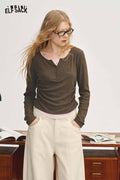 Fake Two Piece Henley T Shirt Embroidered Bow Side Ruched Waist V neck
