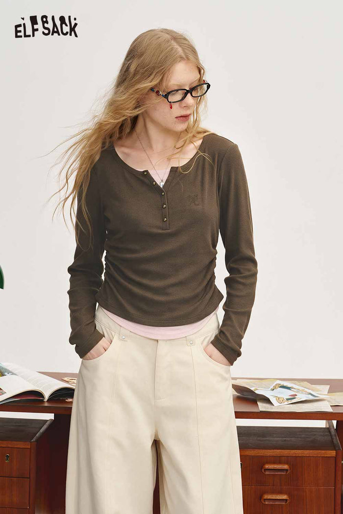 Fake Two Piece Henley T Shirt Embroidered Bow Side Ruched Waist V neck