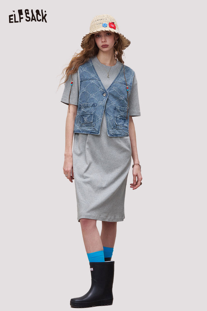 ELFSACK Fake Two Piece Look Dress with Denim Vest Decor