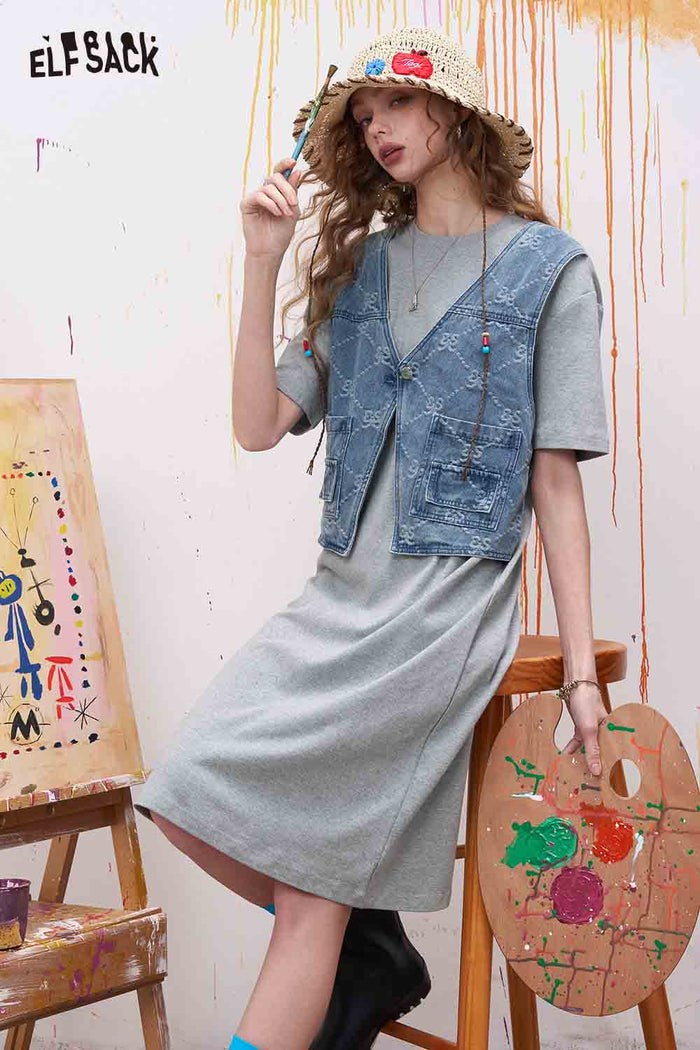 ELFSACK Fake Two Piece Look Dress with Denim Vest Decor