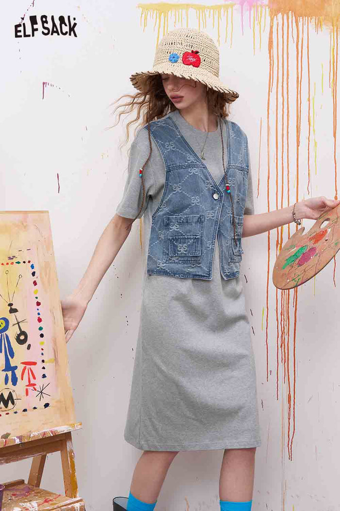 ELFSACK Fake Two Piece Look Dress with Denim Vest Decor