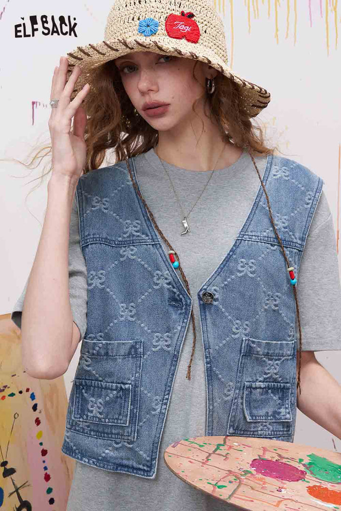 ELFSACK Fake Two Piece Look Dress with Denim Vest Decor