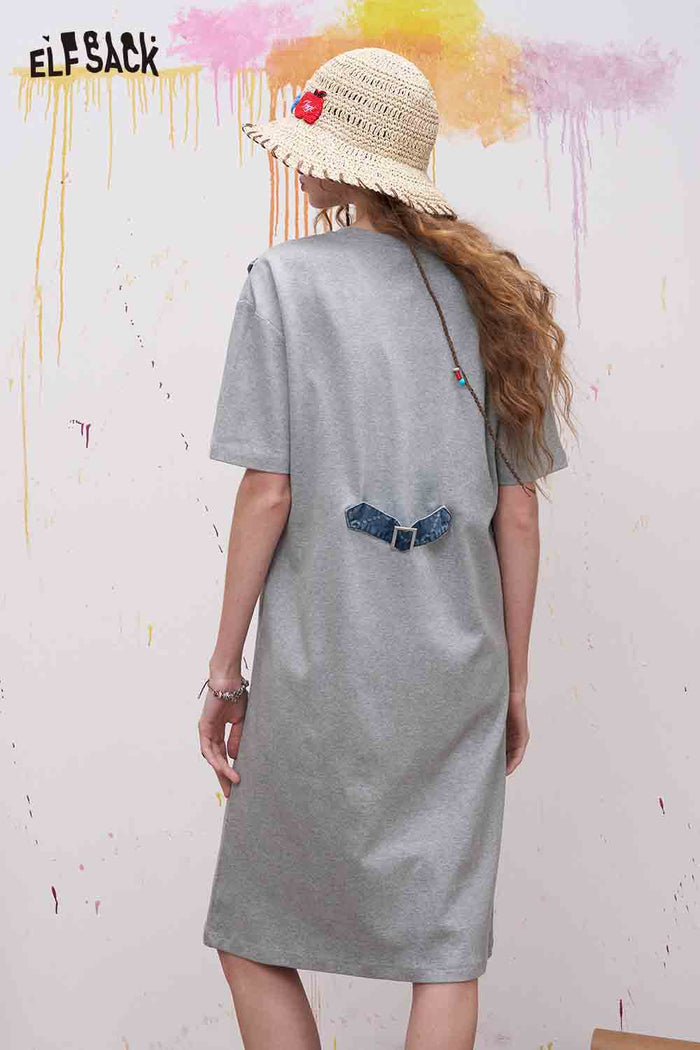 ELFSACK Fake Two Piece Look Dress with Denim Vest Decor