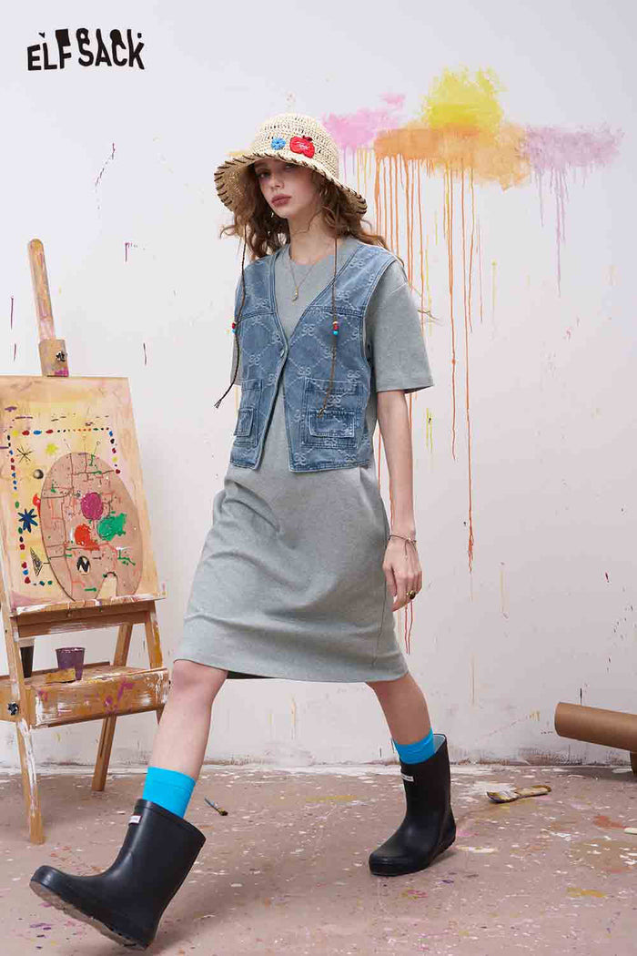 ELFSACK Fake Two Piece Look Dress with Denim Vest Decor