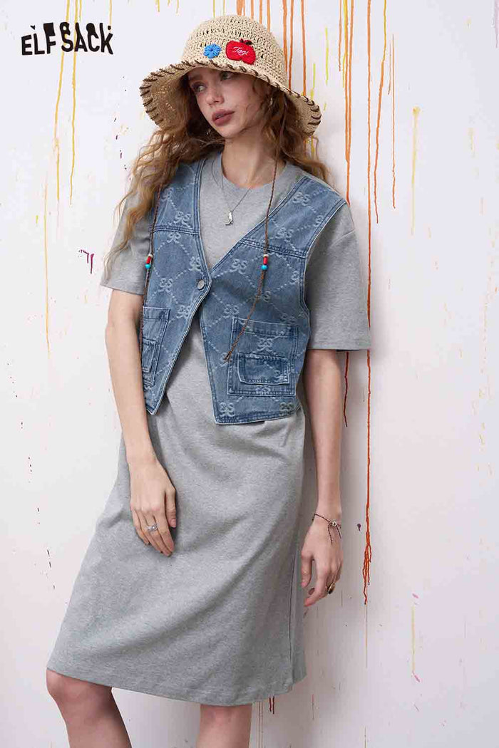 ELFSACK Fake Two Piece Look Dress with Denim Vest Decor