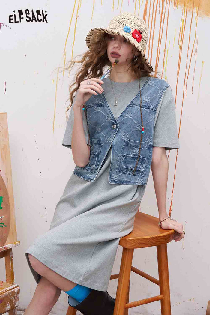 ELFSACK Fake Two Piece Look Dress with Denim Vest Decor