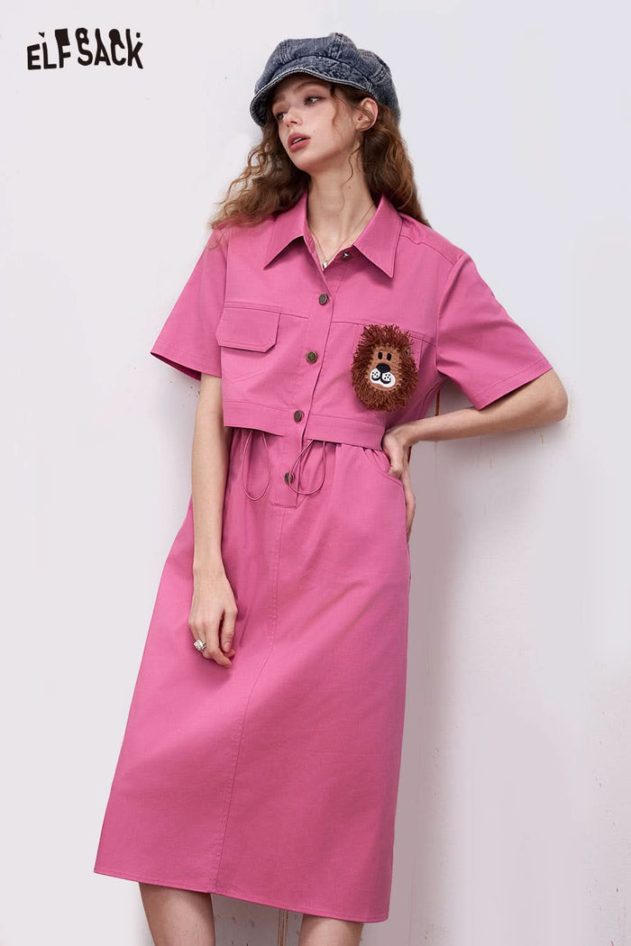 ELFSACK Fake Two-Piece Midi Dress with Lion Applique