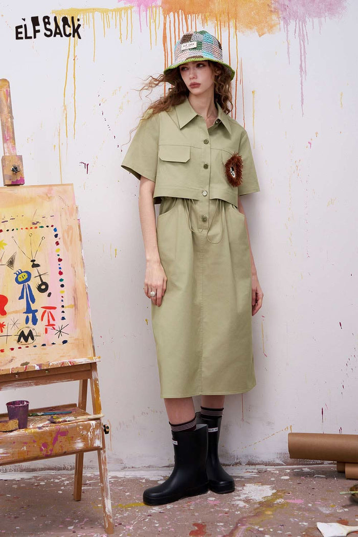 ELFSACK Fake Two-Piece Midi Dress with Lion Applique