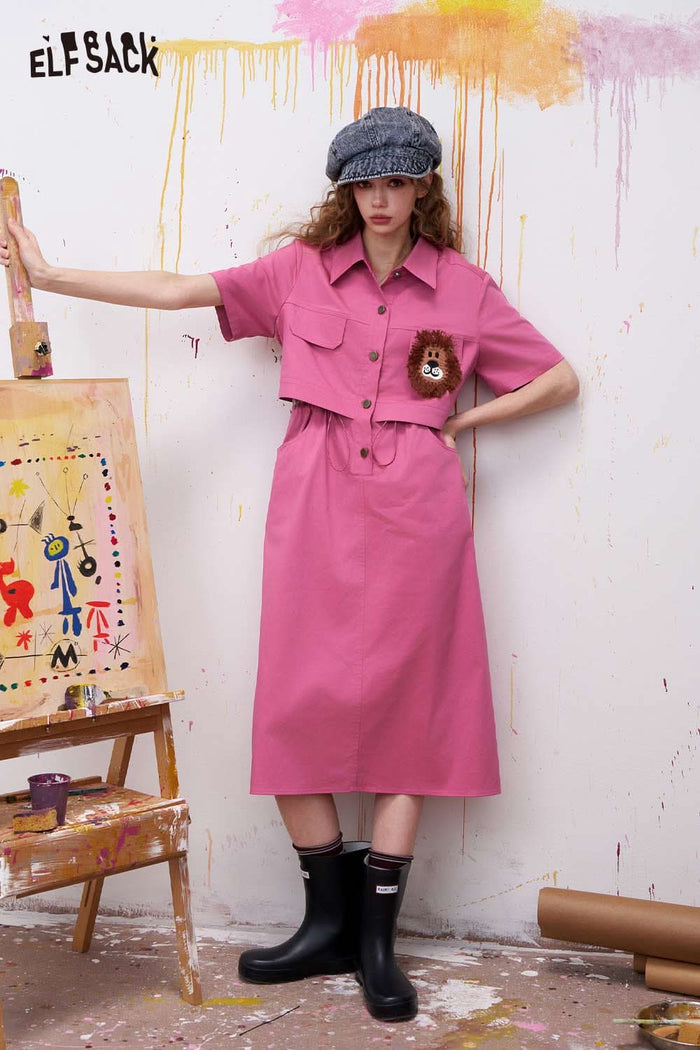 ELFSACK Fake Two-Piece Midi Dress with Lion Applique