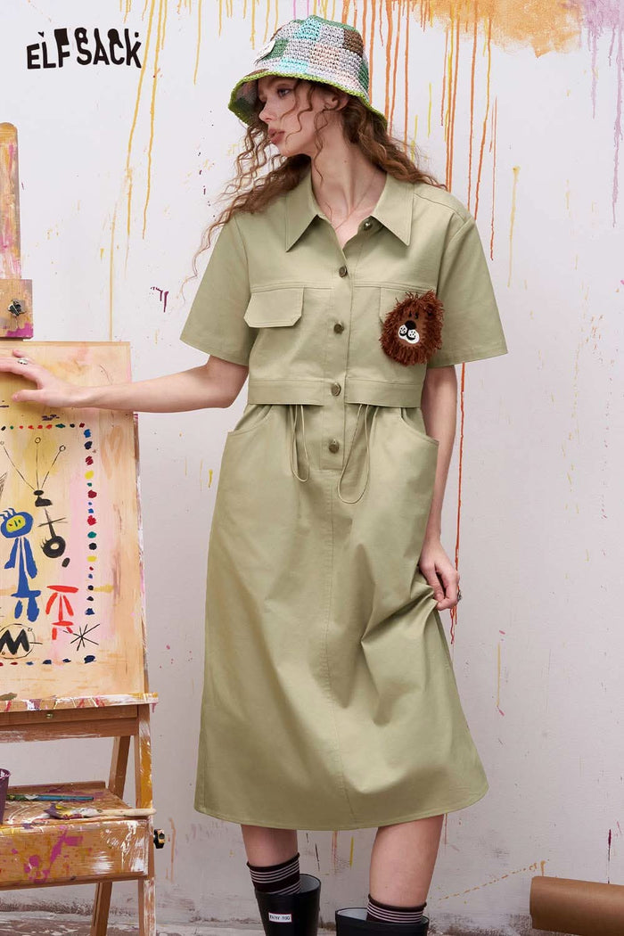 ELFSACK Fake Two-Piece Midi Dress with Lion Applique