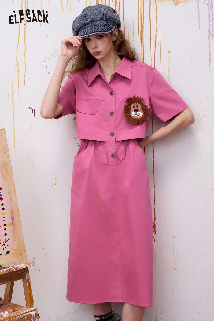 ELFSACK Fake Two-Piece Midi Dress with Lion Applique