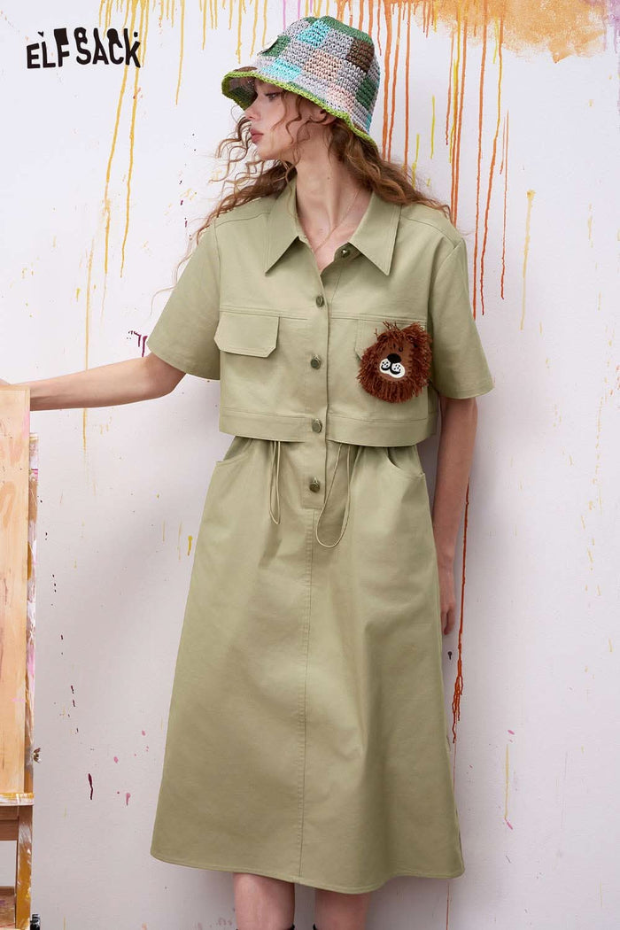 ELFSACK Fake Two-Piece Midi Dress with Lion Applique