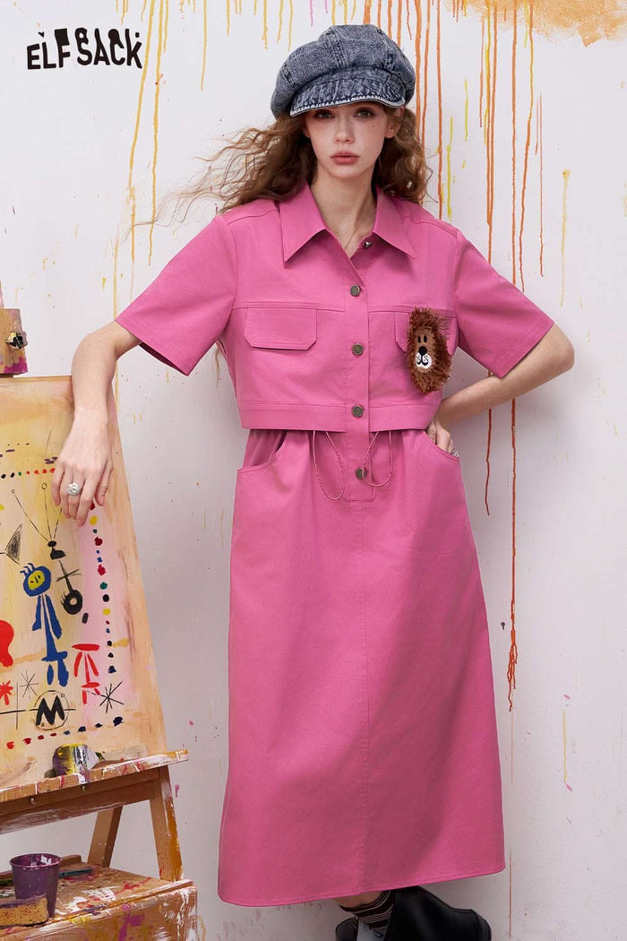ELFSACK Fake Two-Piece Midi Dress with Lion Applique