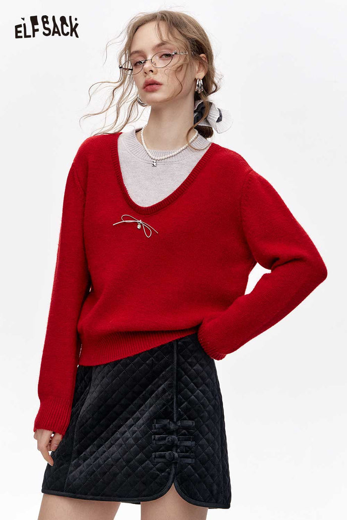 ELFSACK Fake Two Piece Red Knit Premium Base Layer