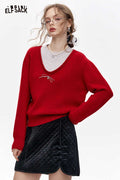 ELFSACK Fake Two Piece Red Knit Premium Base Layer