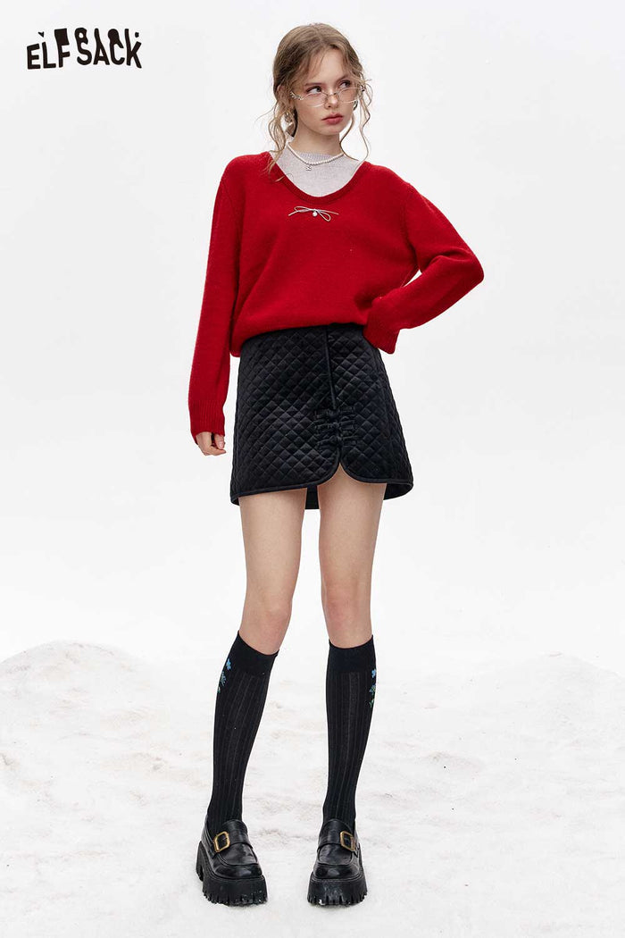 ELFSACK Fake Two Piece Red Knit Premium Base Layer