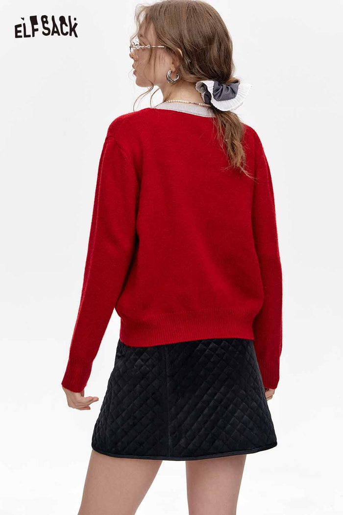 ELFSACK Fake Two Piece Red Knit Premium Base Layer