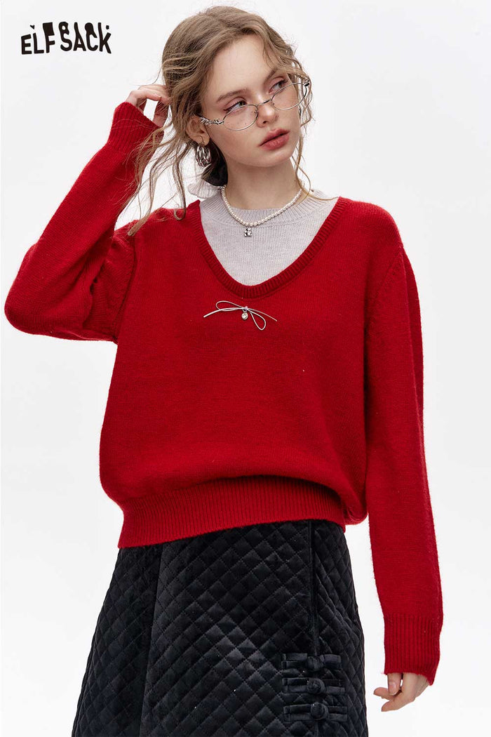 ELFSACK Fake Two Piece Red Knit Premium Base Layer