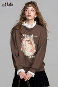 Fake Two-Piece Ruffle Neck Cat Print Sweatshirt