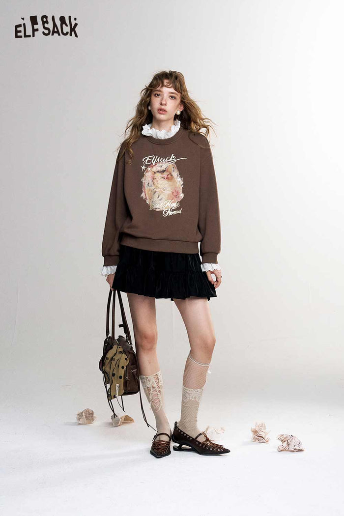 Fake Two-Piece Ruffle Neck Cat Print Sweatshirt