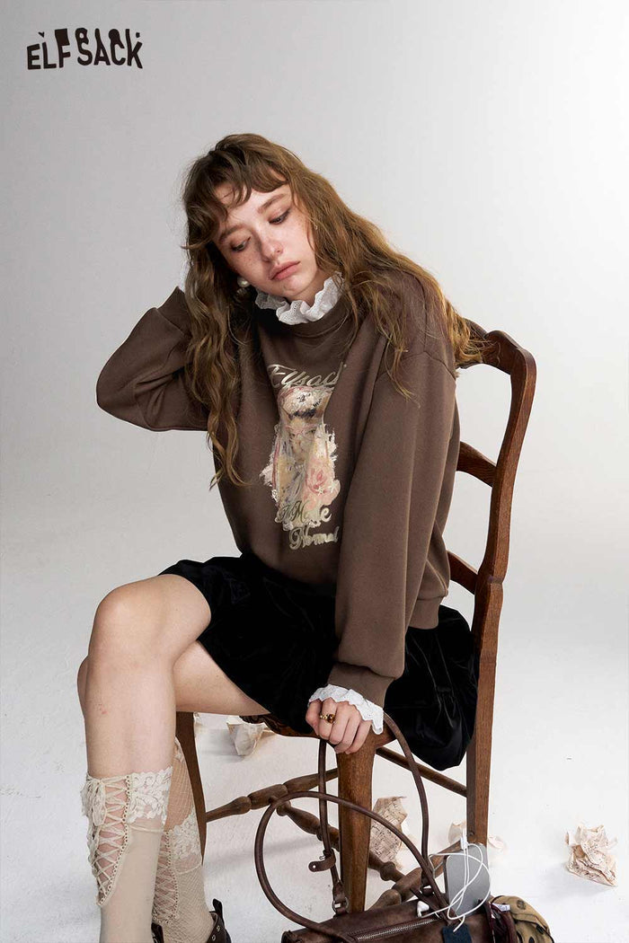 Fake Two-Piece Ruffle Neck Cat Print Sweatshirt