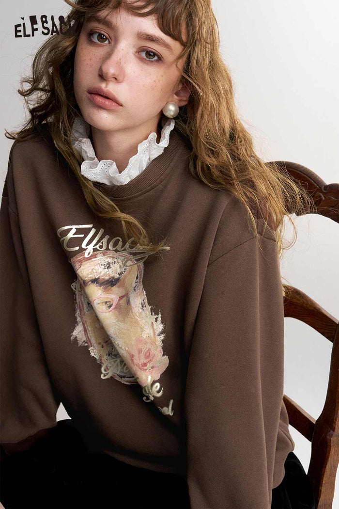 Fake Two-Piece Ruffle Neck Cat Print Sweatshirt