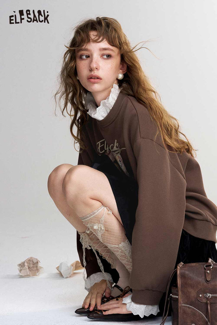 Fake Two-Piece Ruffle Neck Cat Print Sweatshirt