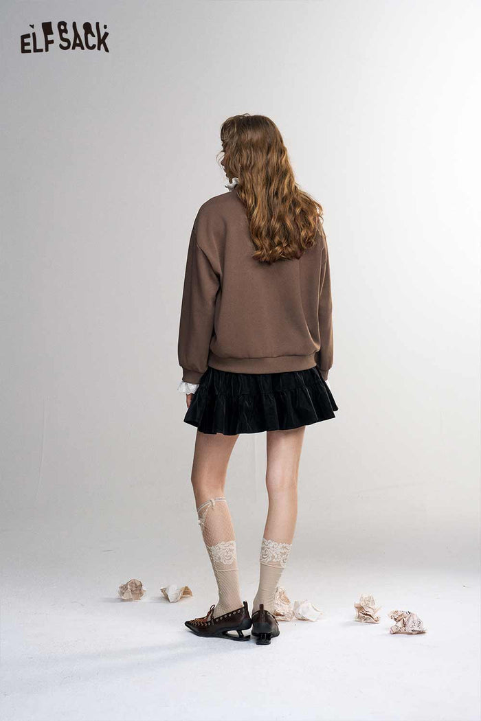 Fake Two-Piece Ruffle Neck Cat Print Sweatshirt