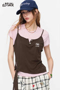 ELFSACK Fake Two-Piece Tie Side Embroidered Tee