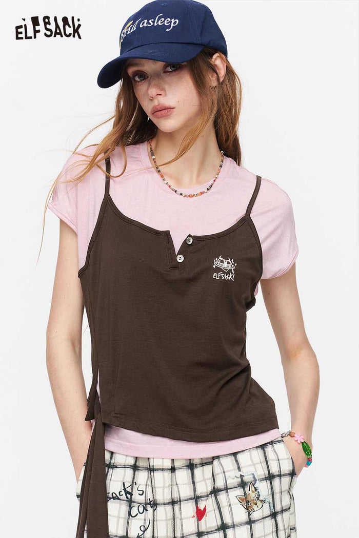 ELFSACK Fake Two-Piece Tie Side Embroidered Tee