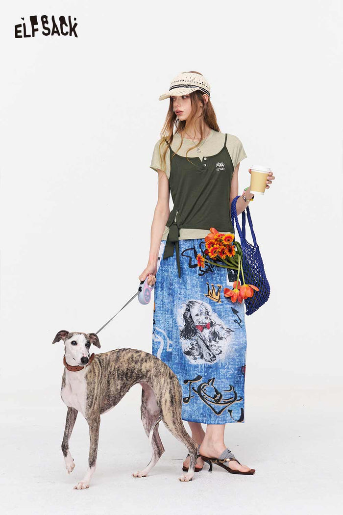ELFSACK Fake Two-Piece Tie Side Embroidered Tee