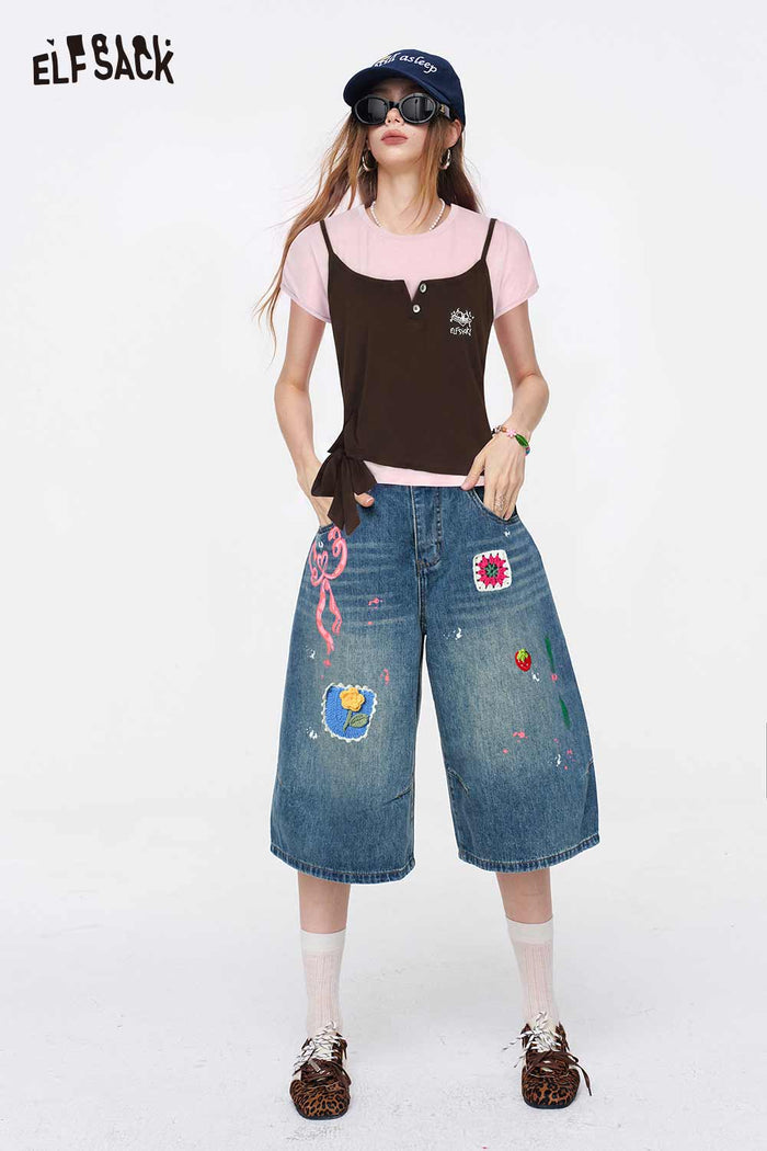 ELFSACK Fake Two-Piece Tie Side Embroidered Tee