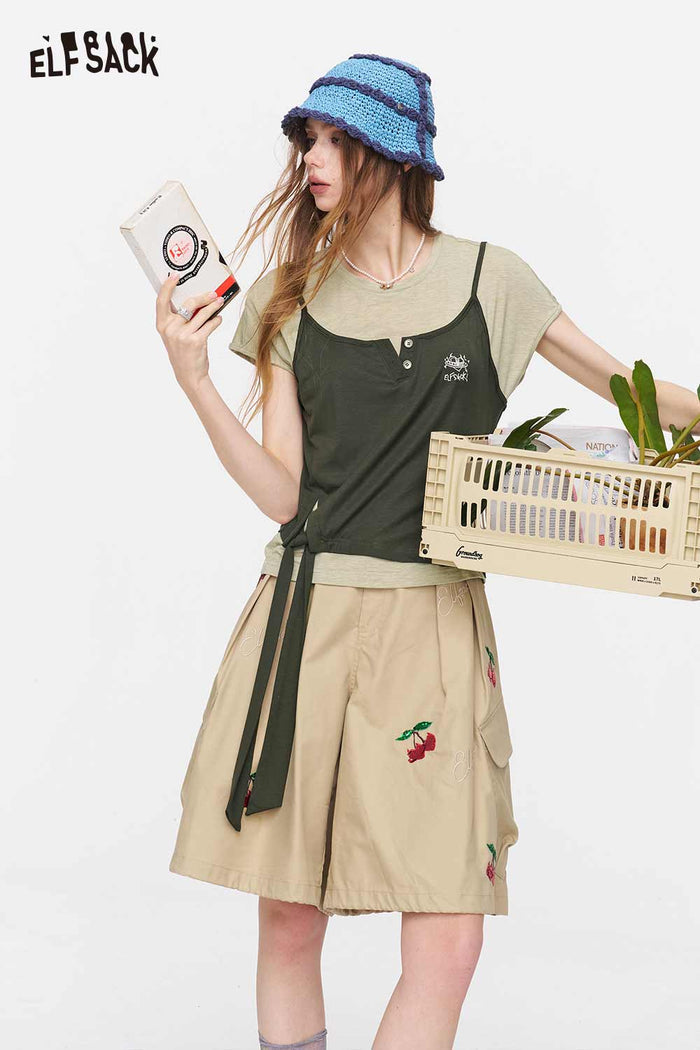 ELFSACK Fake Two-Piece Tie Side Embroidered Tee