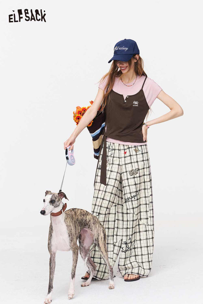 ELFSACK Fake Two-Piece Tie Side Embroidered Tee