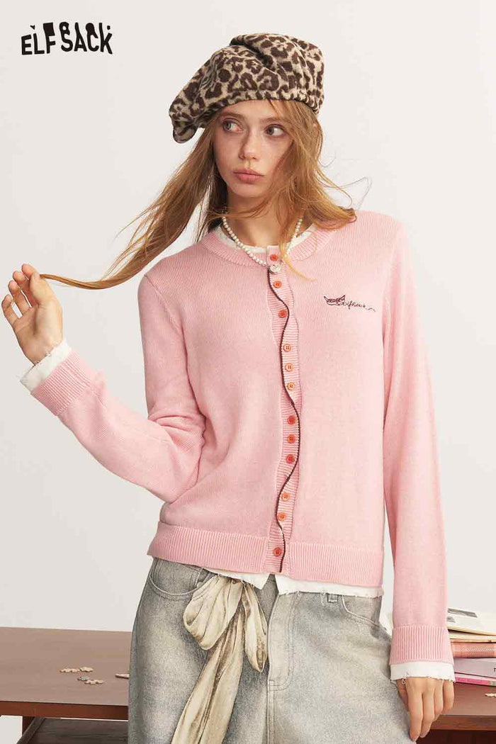 Fake Two Piece Twist Contrast Embroidery Knit Cardigan