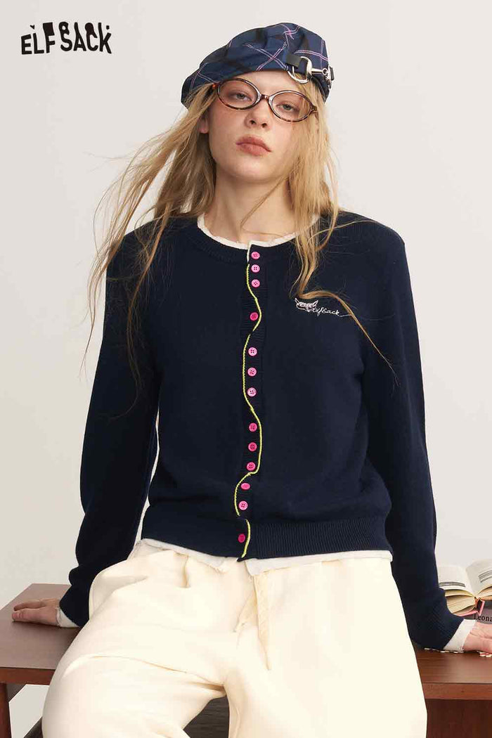 Fake Two Piece Twist Contrast Embroidery Knit Cardigan