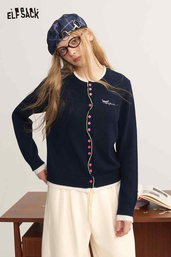 Fake Two Piece Twist Contrast Embroidery Knit Cardigan