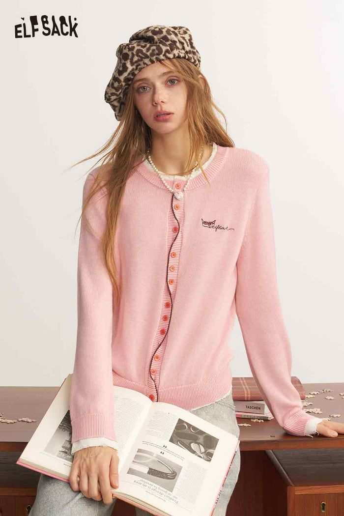 Fake Two Piece Twist Contrast Embroidery Knit Cardigan