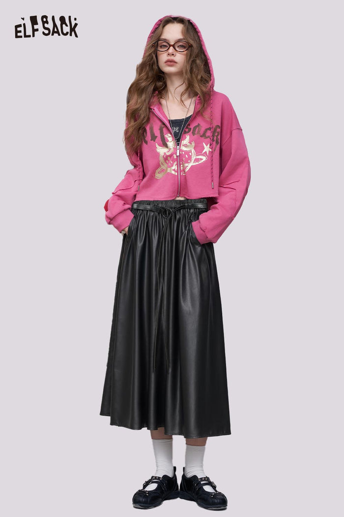 ELFSACK Faux Leather Elasticized Waist Adjustable Drawstring Maxi Skirt