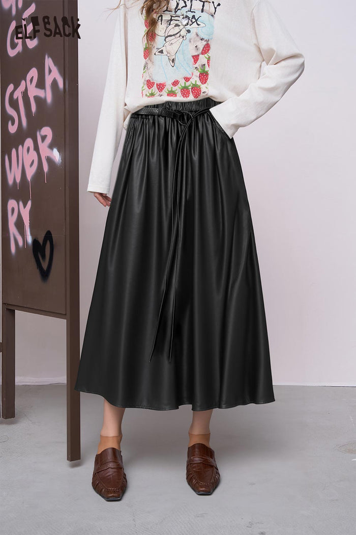 ELFSACK Faux Leather Elasticized Waist Adjustable Drawstring Maxi Skirt