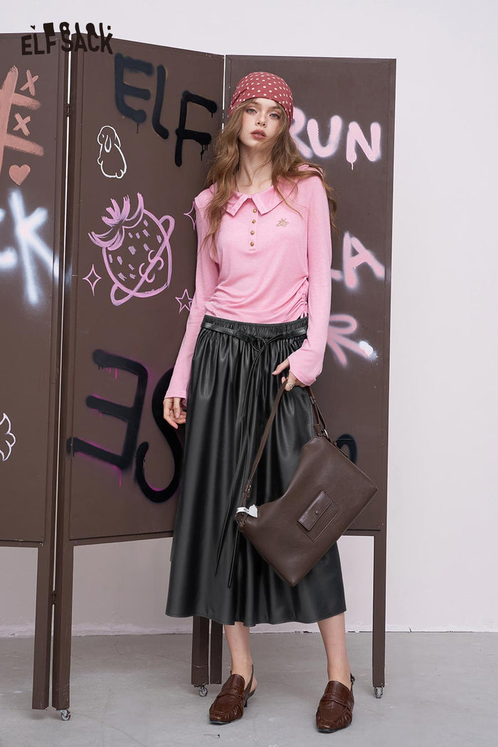 ELFSACK Faux Leather Elasticized Waist Adjustable Drawstring Maxi Skirt