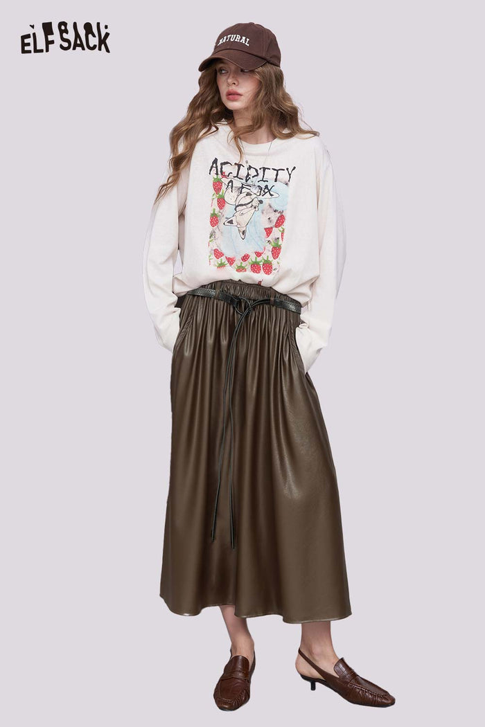 ELFSACK Faux Leather Elasticized Waist Adjustable Drawstring Maxi Skirt